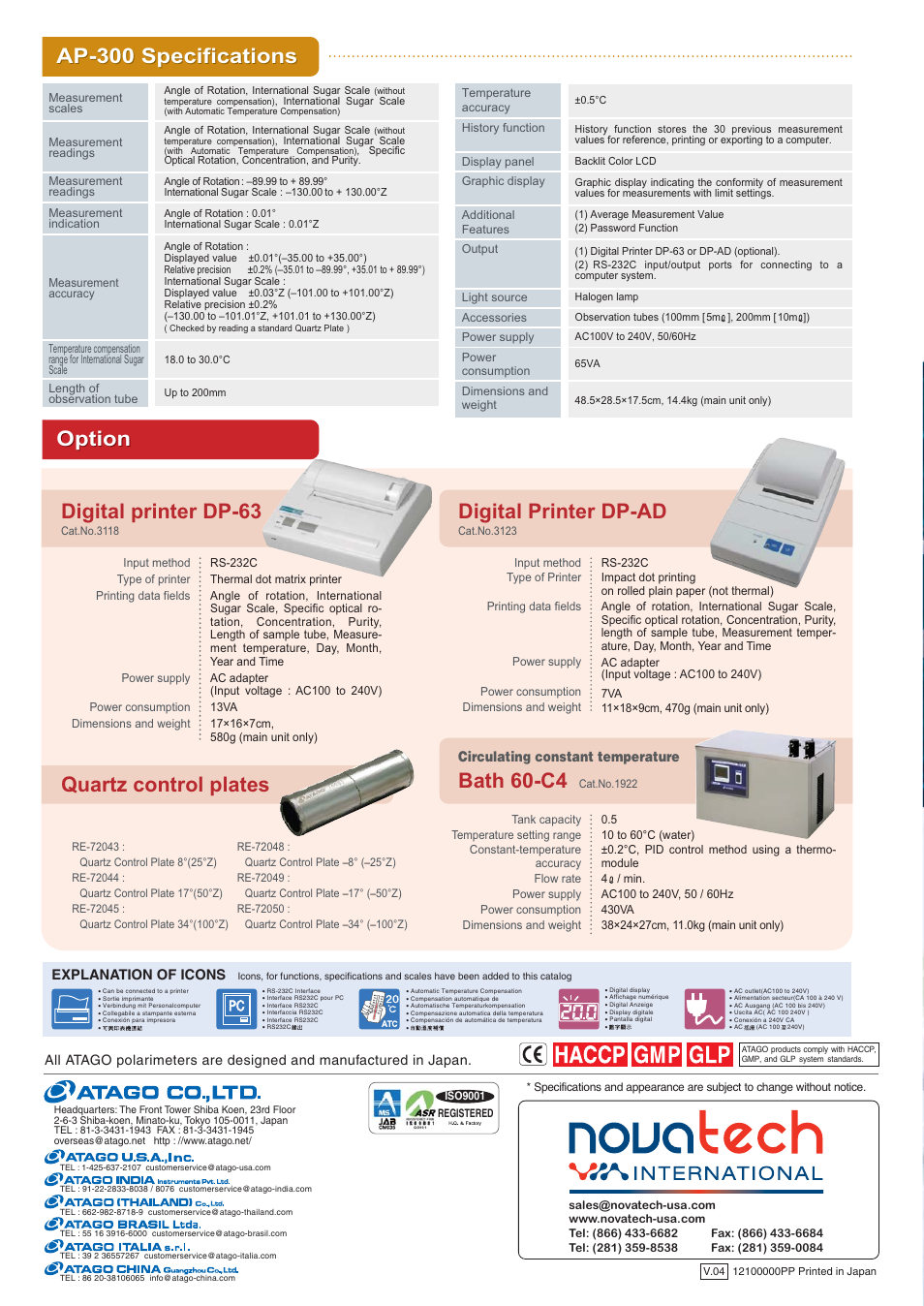 Automatic polarimeter, Bath 60-c4, Icumsa compliant | Angle of rotation international sugar scale, International sugar scale, Specific optical rotation concentration purity | Nova-Tech Atago AP-300 Series Polarimeter User Manual | Page 4 / 4
