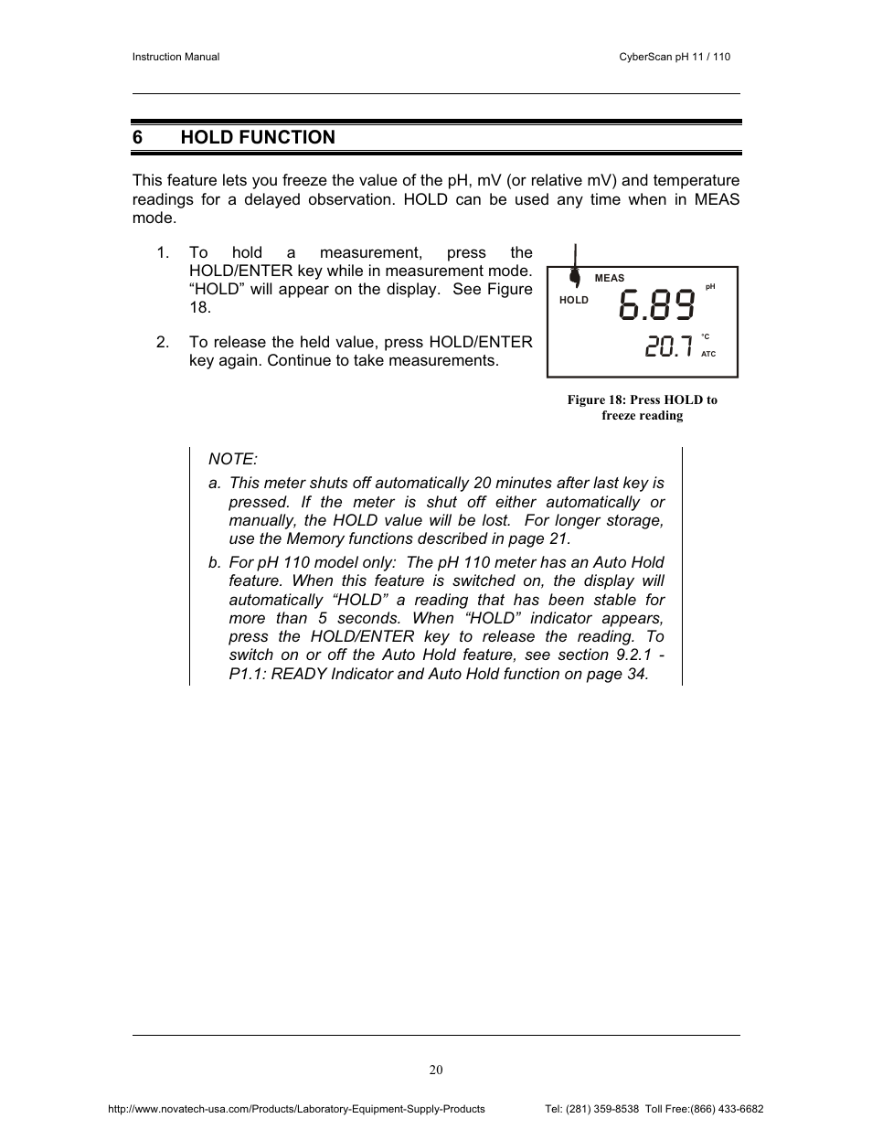 6 hold function | Nova-Tech pH 110 User Manual | Page 24 / 76