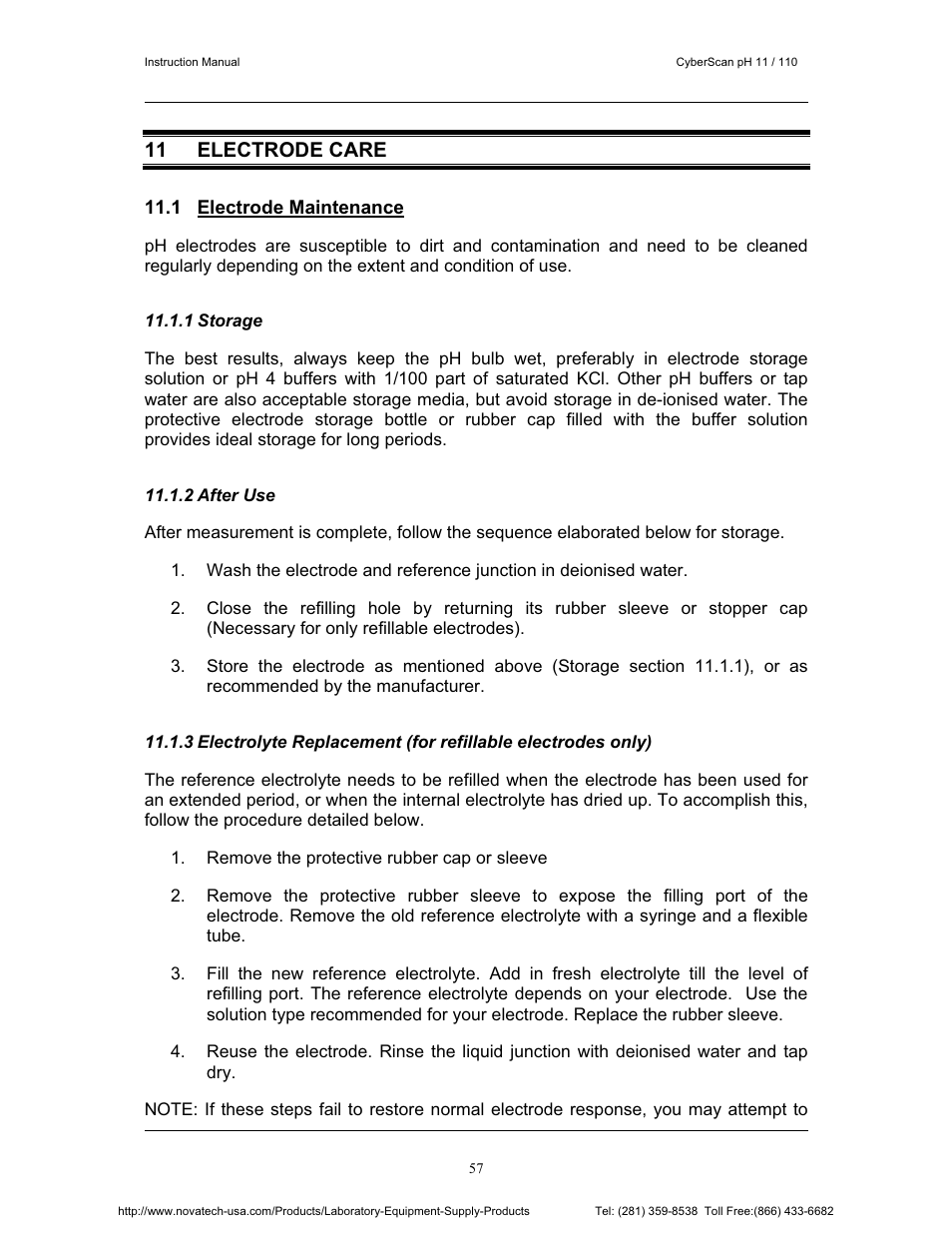 11 electrode care | Nova-Tech pH 110 User Manual | Page 61 / 76