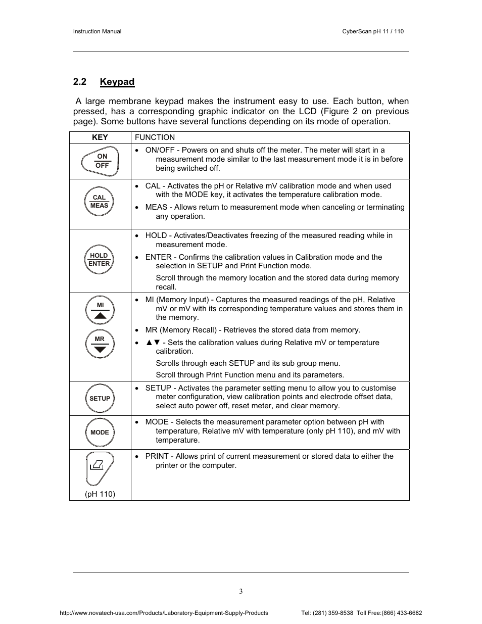 2 keypad | Nova-Tech pH 110 User Manual | Page 7 / 76