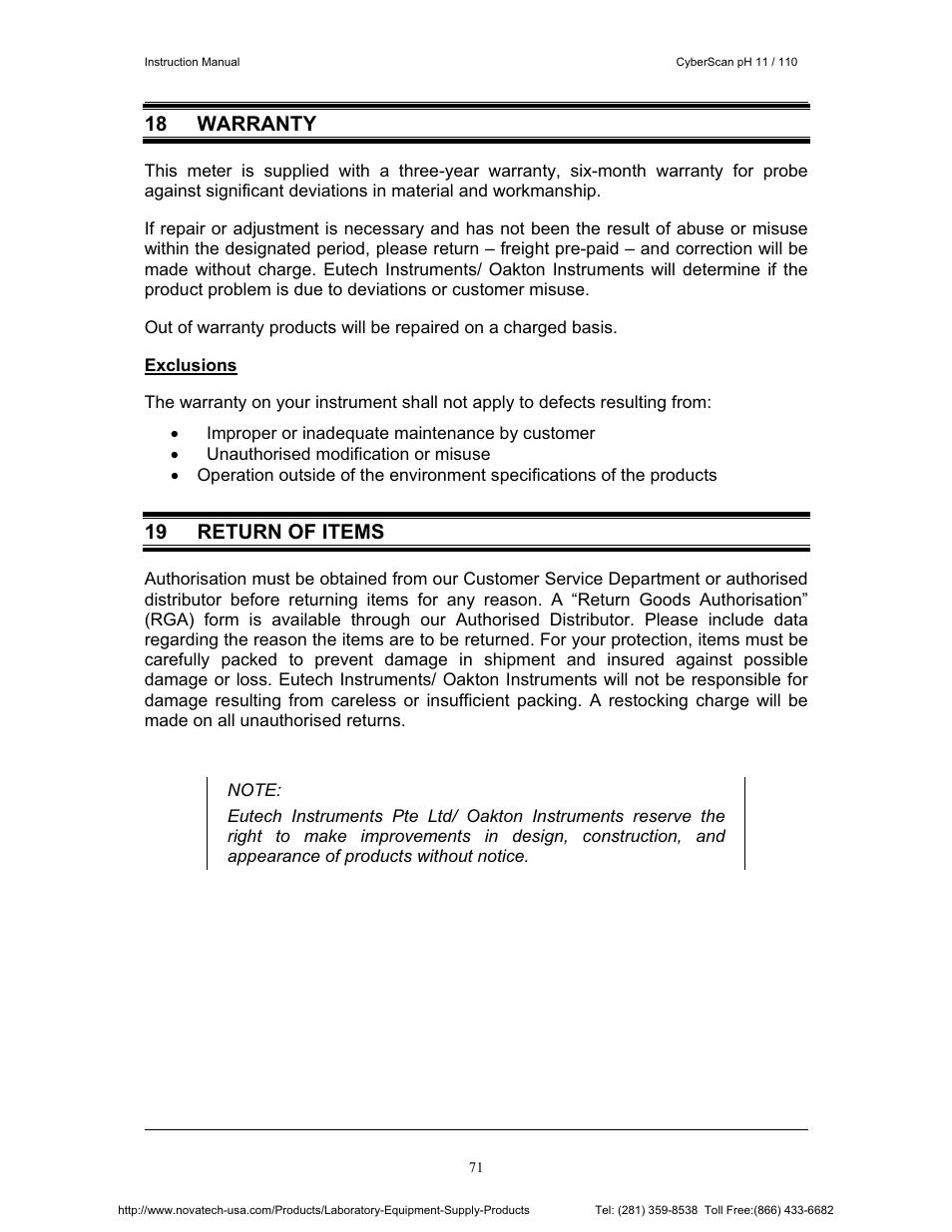 18 warranty, 19 return of items | Nova-Tech pH 110 User Manual | Page 75 / 76