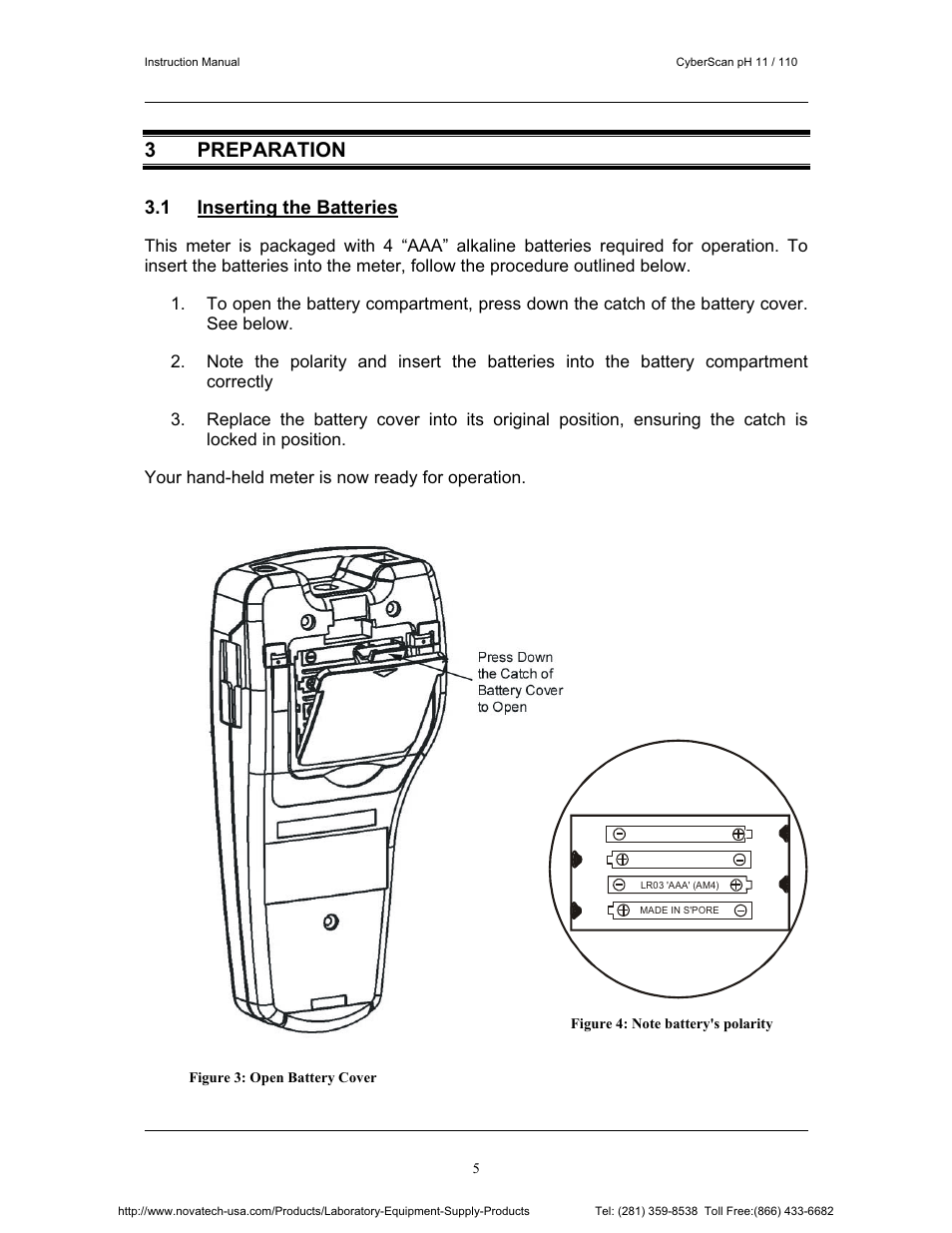 3 preparation, 1 inserting the batteries | Nova-Tech pH 110 User Manual | Page 9 / 76