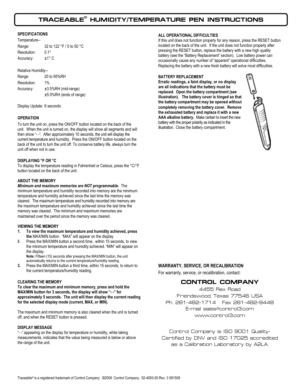 Control Company 4093 UMIDITY/TEMPERATURE PEN User Manual | 1 page