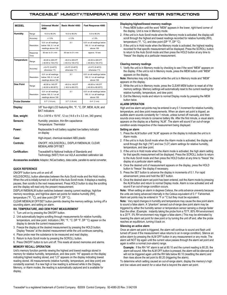 Nova-Tech 4085 TRACEABLE HUMIDITY_TEMPERATURE DEW POINT METER User Manual | 2 pages