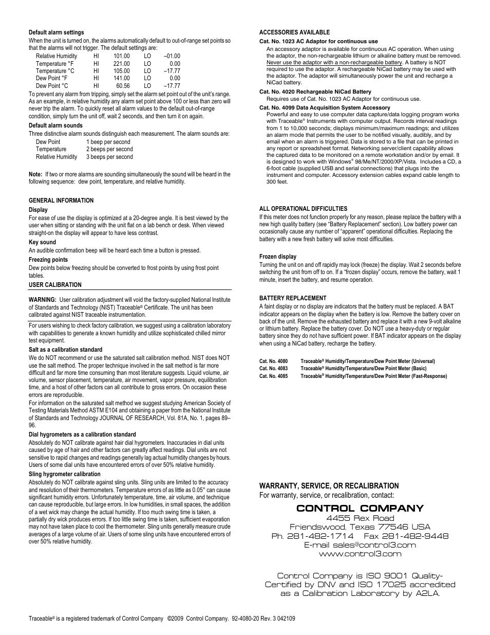 Control company | Nova-Tech 4085 TRACEABLE HUMIDITY_TEMPERATURE DEW POINT METER User Manual | Page 2 / 2
