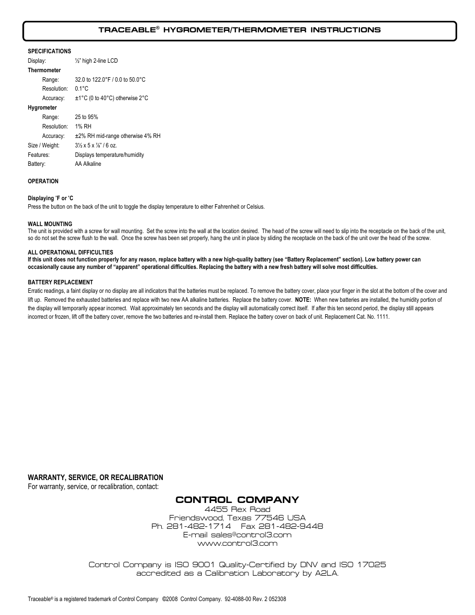 Nova-Tech 4088 TRACEABLE HYGROMETER_THERMOMETER User Manual | 1 page