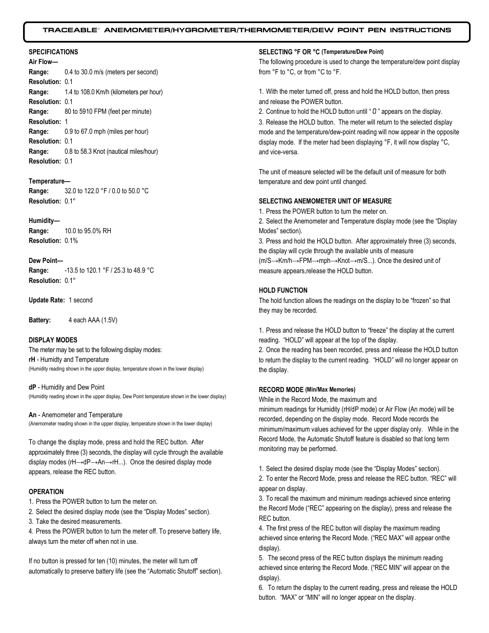 Nova-Tech 3651 TRACEABLE ANEMOMETER_HYGROMETER_THERMOMETER_DEW POINT PEN User Manual | 2 pages