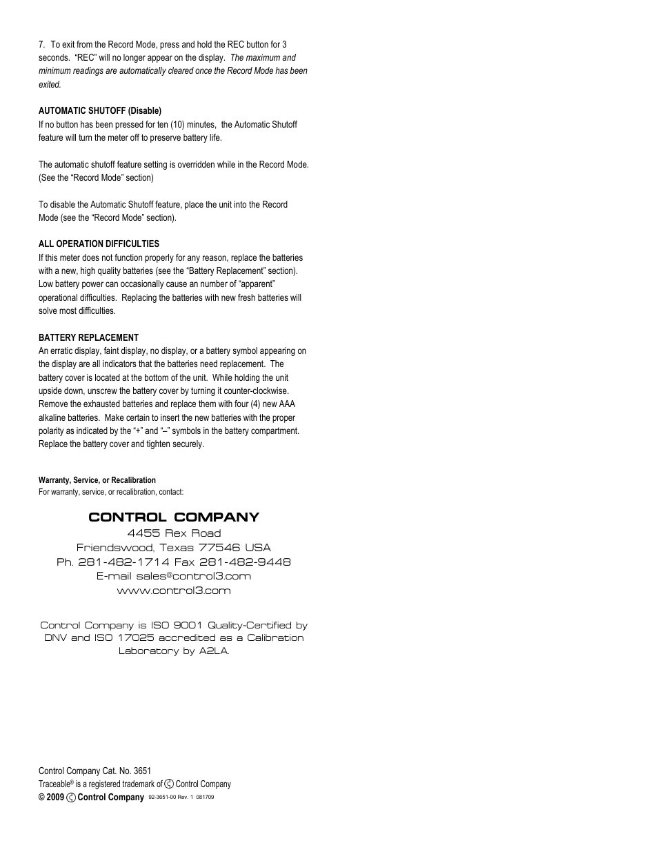 Control company | Nova-Tech 3651 TRACEABLE ANEMOMETER_HYGROMETER_THERMOMETER_DEW POINT PEN User Manual | Page 2 / 2