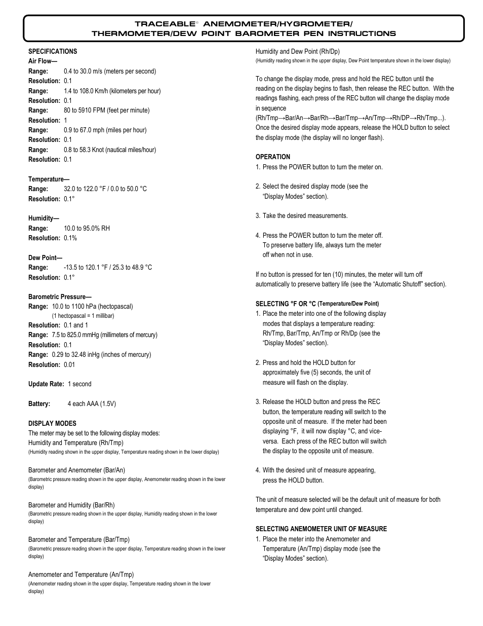 Nova-Tech 3652 TRACEABLE ANEMOMETER_HYGROMETER_THERMOMETER_DEW POINT BAROMETER PEN User Manual | 3 pages