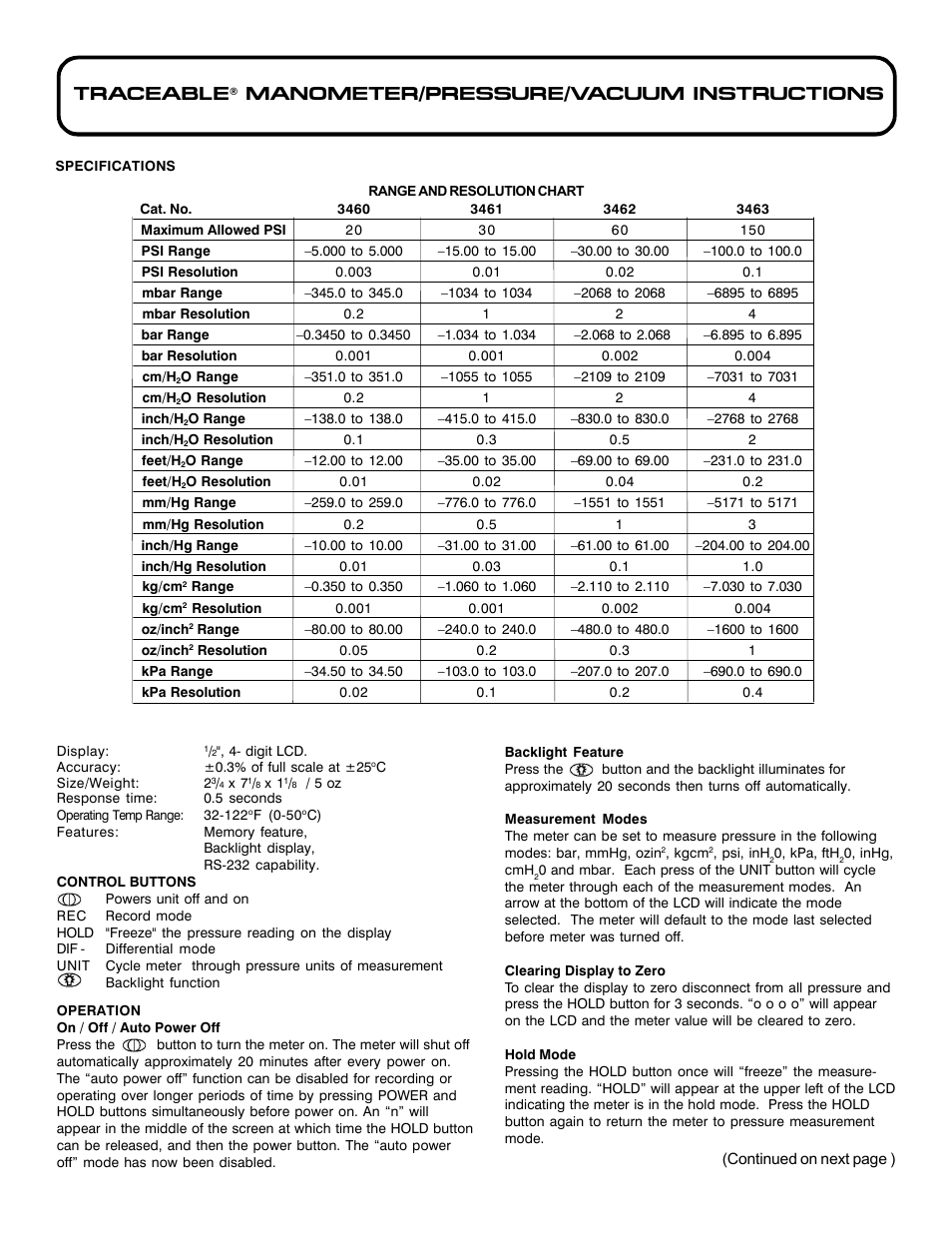 Control Company 3460 MANOMETER/PRESSURE/VACUUM User Manual | 2 pages