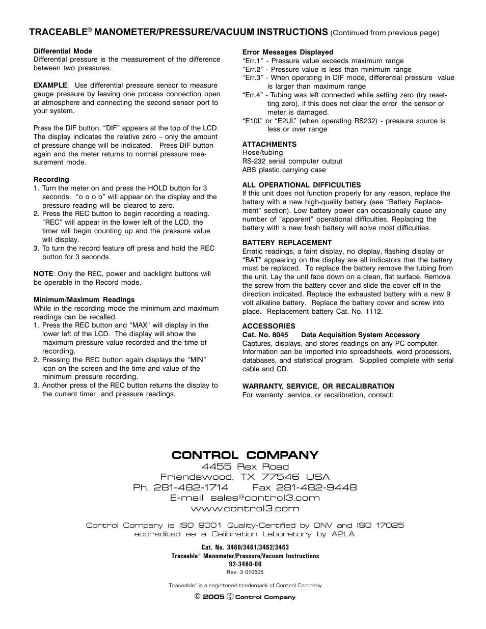 Control company, Traceable, Manometer/pressure/vacuum instructions | Control Company 3460 MANOMETER/PRESSURE/VACUUM User Manual | Page 2 / 2