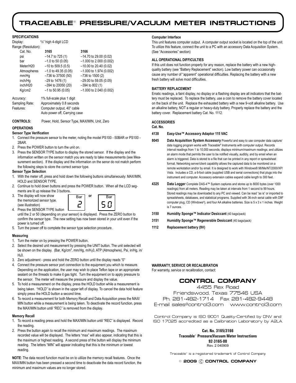 Control Company 3165 PRESSURE/VACUUM METER User Manual | 1 page