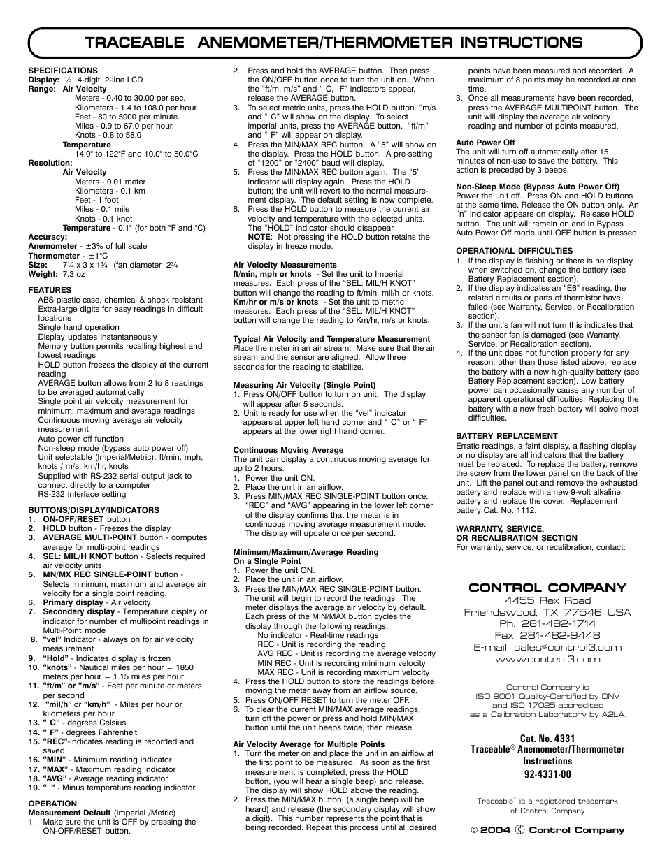 Control Company 4331 ANEMOMETER/THERMOMETER User Manual | 1 page