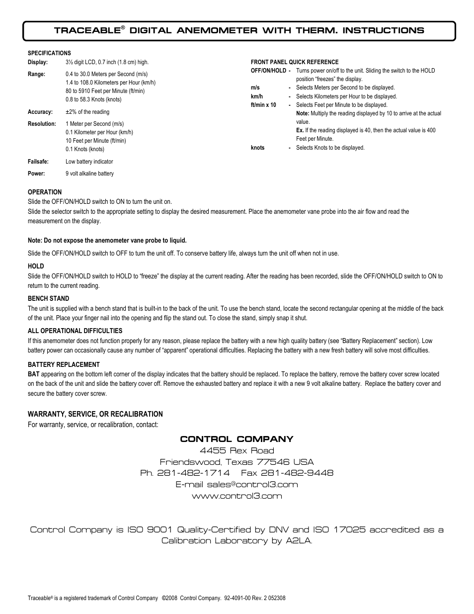 Control Company 4091 DIGITAL ANEMOMETER User Manual | 1 page