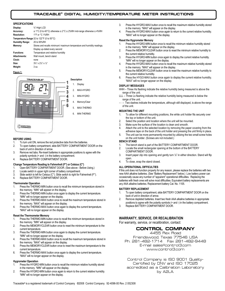 Control Company 4096 DIGITAL HUMIDITY/TEMPERATURE METER User Manual | 1 page