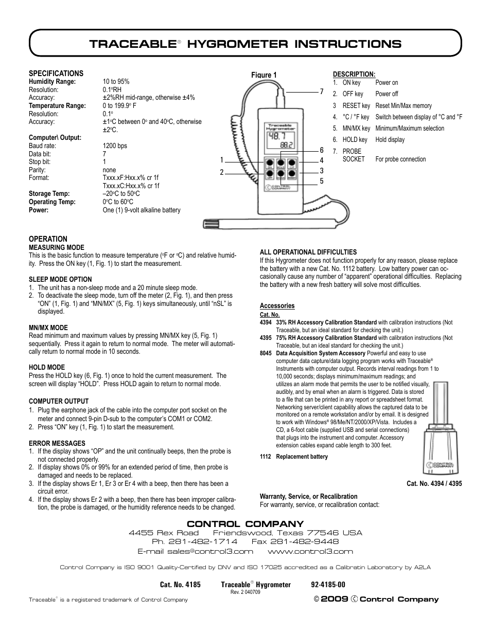 Control Company 4185 HYGROMETER User Manual | 1 page