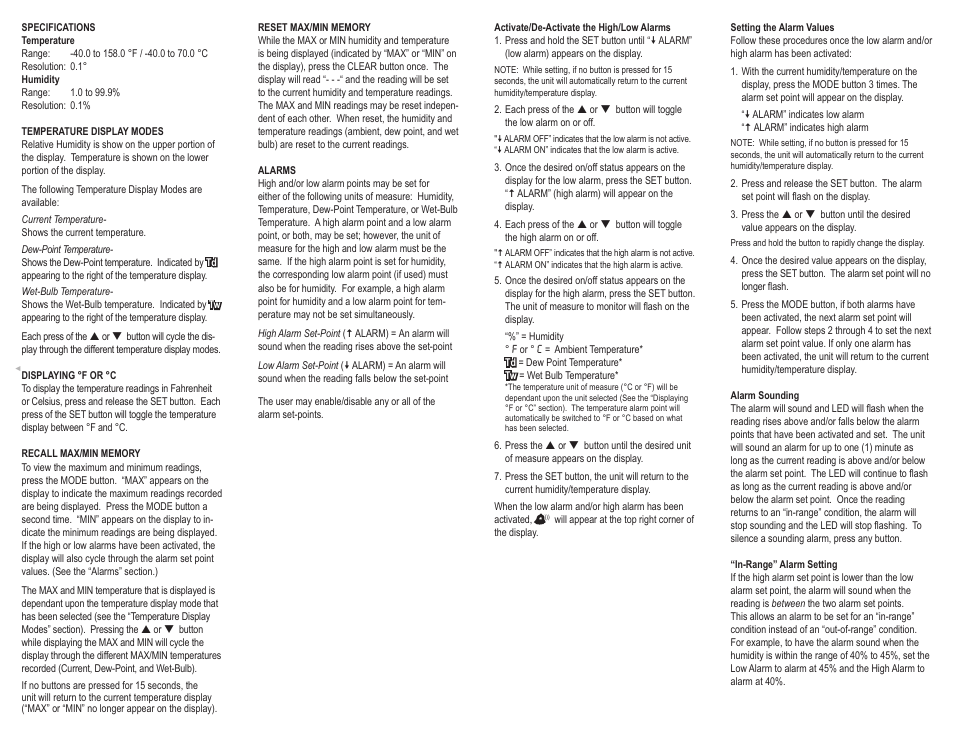 Control Company 4410 DEW-POINT/WET-BULB/HUMIDITY/TEMPERATURE ALARM User Manual | 2 pages