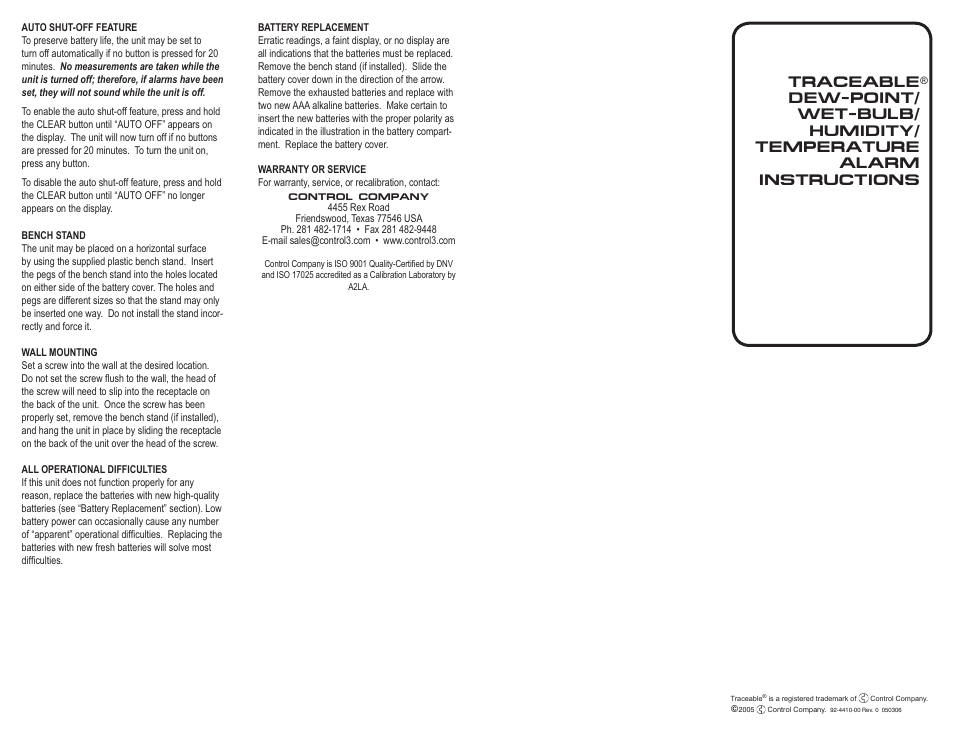 Control Company 4410 DEW-POINT/WET-BULB/HUMIDITY/TEMPERATURE ALARM User Manual | Page 2 / 2