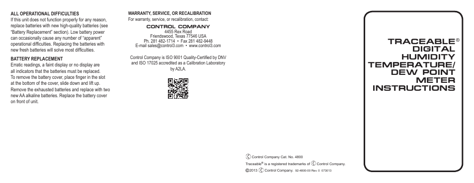 Control Company 4800 DIGITAL HUMIDITY TEMPERATURE/DEW POINT METER User Manual | Page 2 / 2