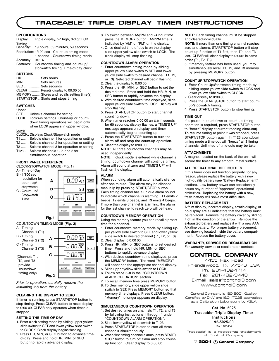 Control Company 5025 TRIPLE DISPLAY TIMER User Manual | 1 page