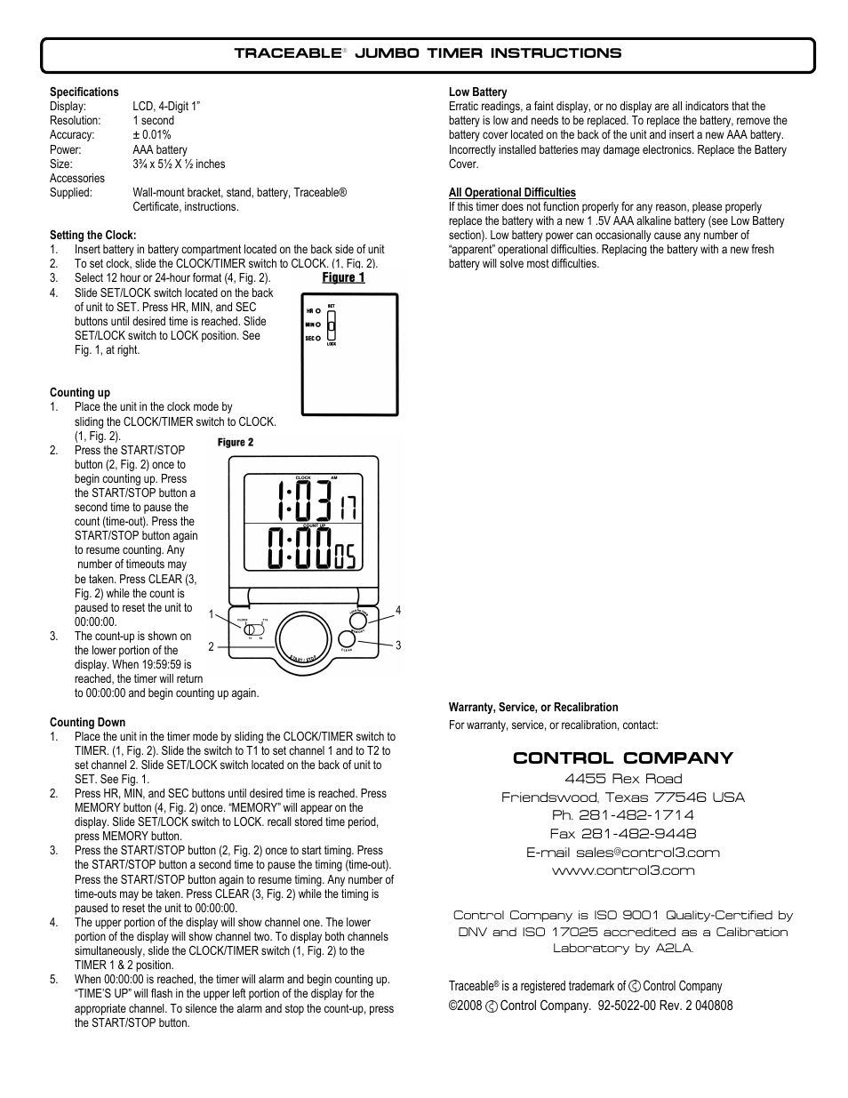 Control Company 5022 JUMBO TIMER User Manual | 1 page