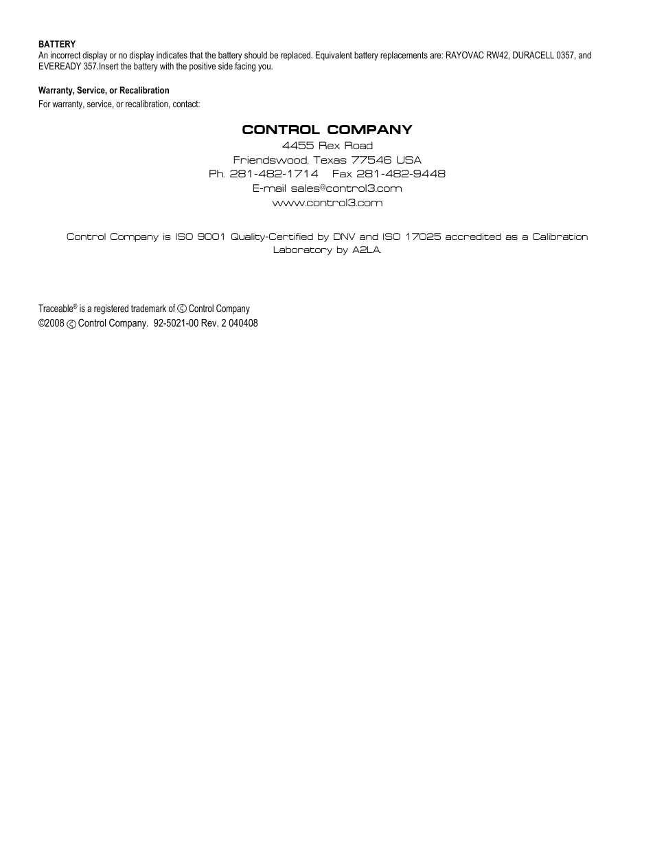 Control company | Control Company 5021 100-HOUR MINI-ALARM TIMER/STOPWATCH User Manual | Page 2 / 2