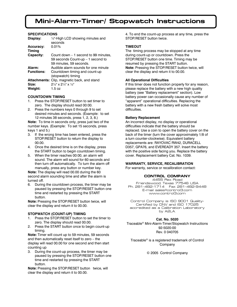 Control Company 5020 Mini-Alarm-Timer/Stopwatch User Manual | 1 page
