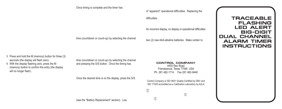 Control Company 5017 FLASHING LED ALERT BIG-DIGIT DUAL CHANNEL ALARM TIMER User Manual | Page 2 / 2