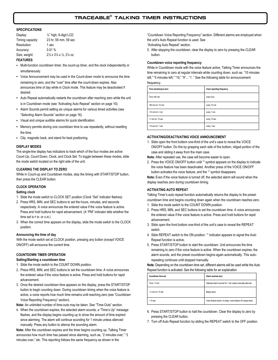 Control Company 5015 TALKING TIMER User Manual | 2 pages