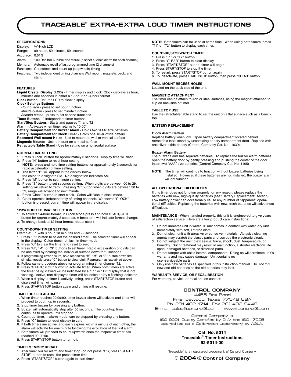 Nova-Tech 5014 TRACEABLE EXTRA-EXTRA LOUD TIMER User Manual | 1 page