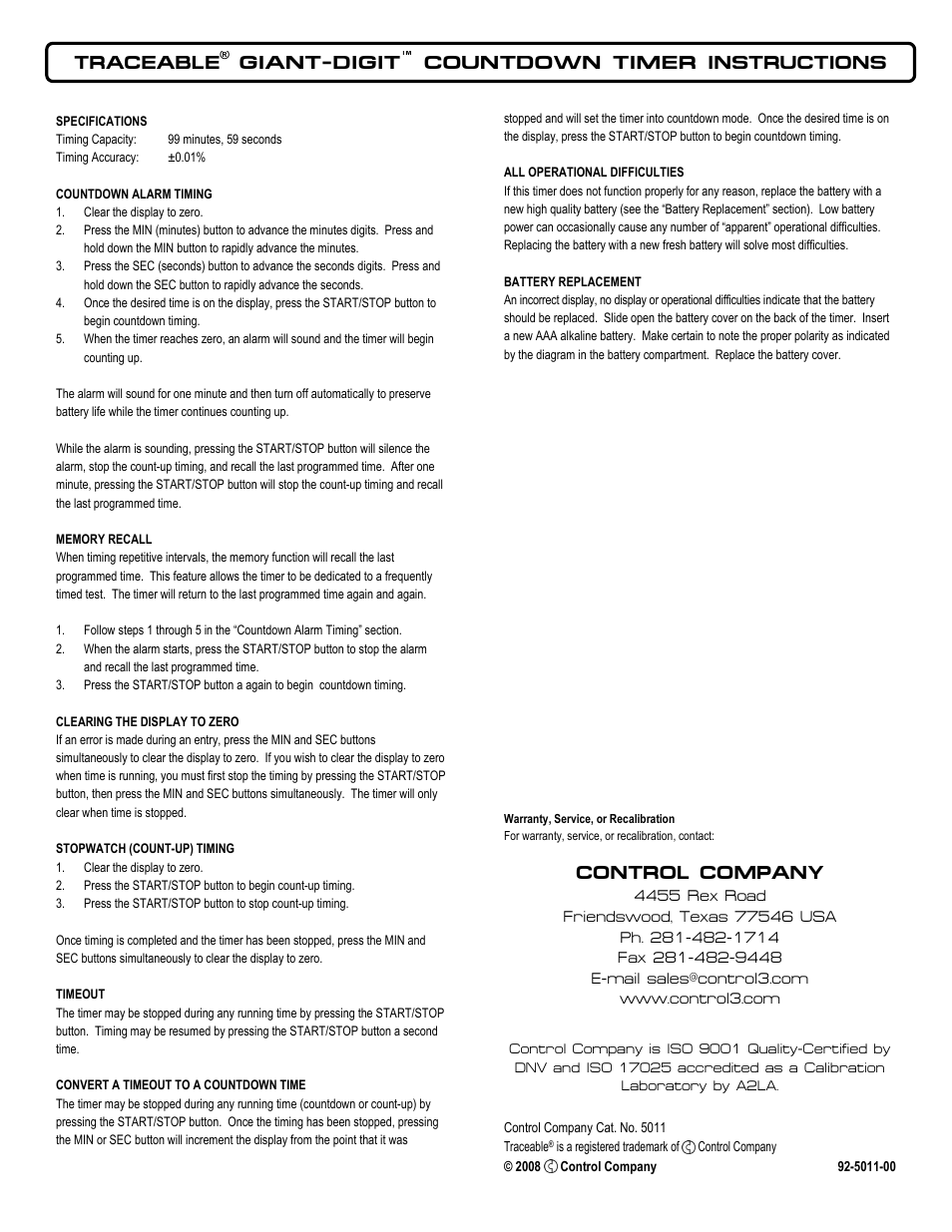 Control Company 5011 GIANT-DIGIT COUNTDOWN TIMER User Manual | 1 page