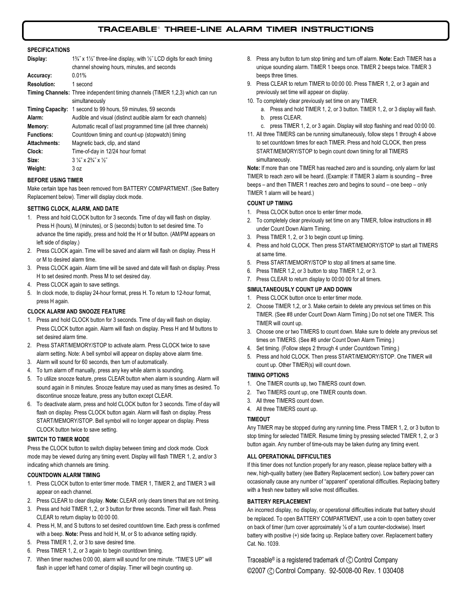 Control Company 5008 THREE-LINE ALARM TIMER User Manual | 2 pages