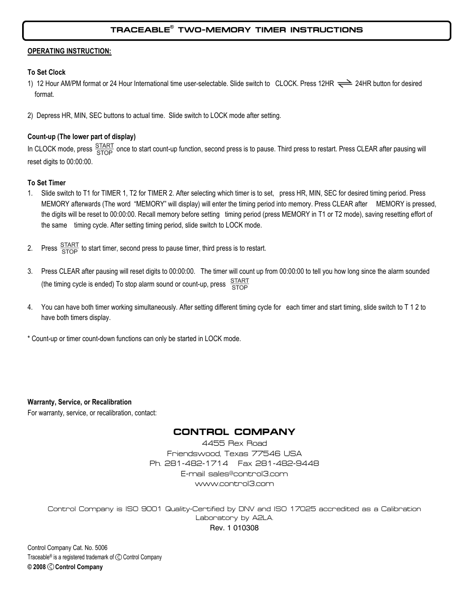 Control Company 5006 TWO-MEMORY TIMER User Manual | 1 page