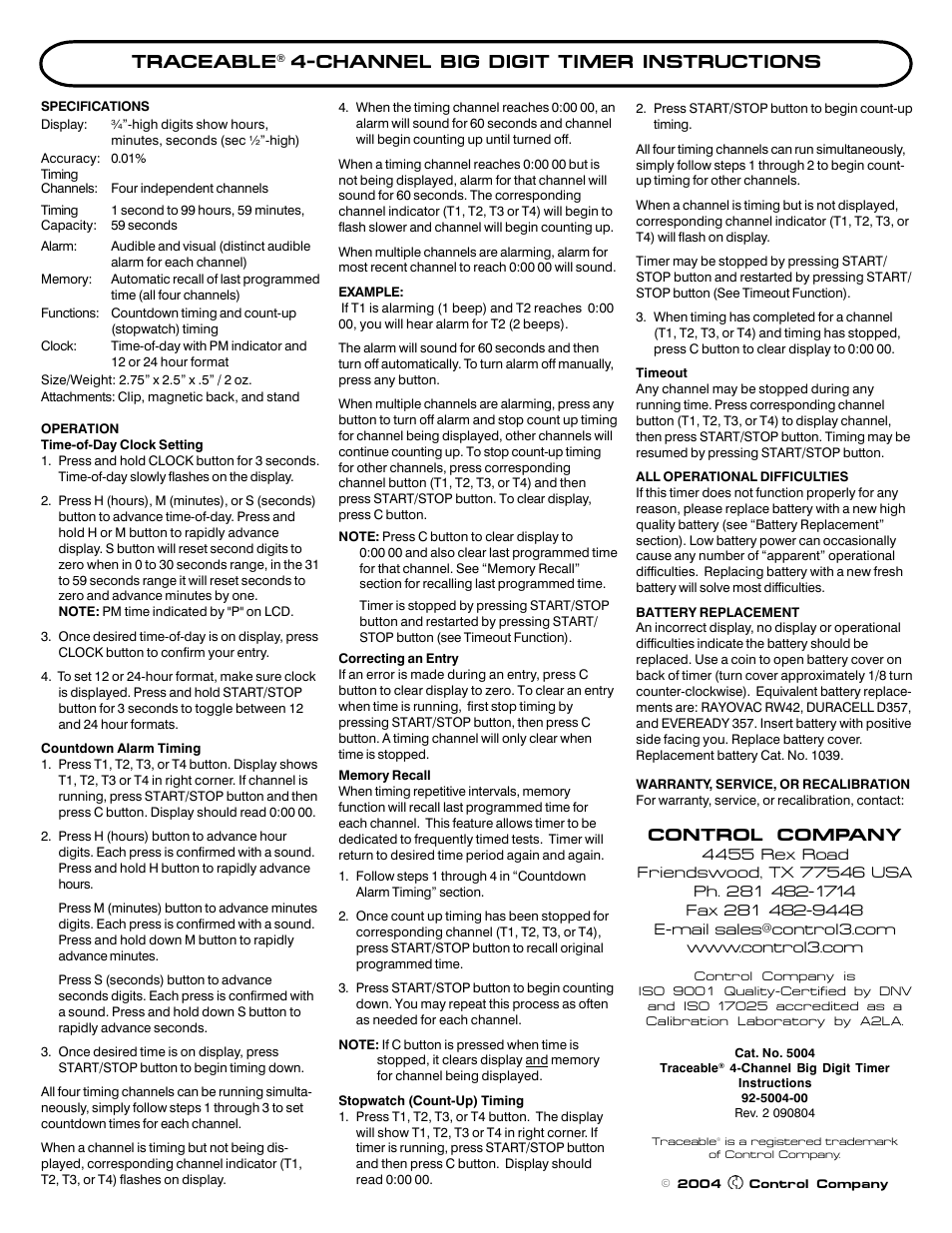 Control Company 5004 4-CHANNEL BIG DIGIT TIMER User Manual | 1 page