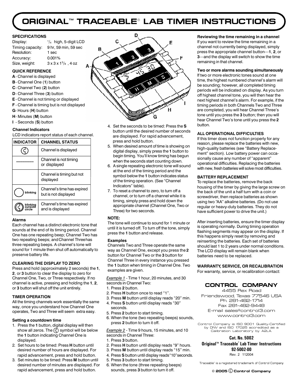 Control Company 5002 TRACEABLE LAB TIMER User Manual | 1 page