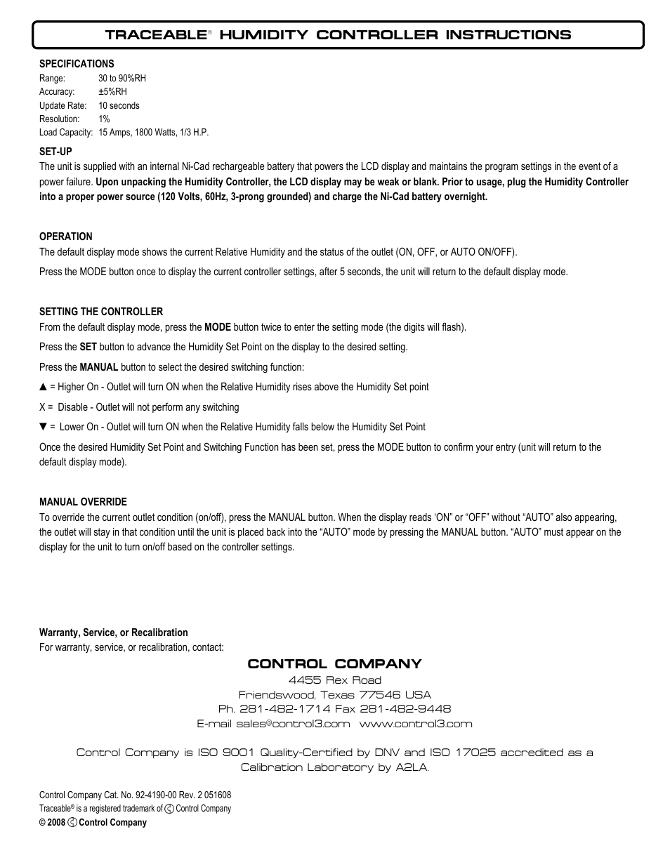 Control Company 4190 HUMIDITY CONTROLLER User Manual | 1 page