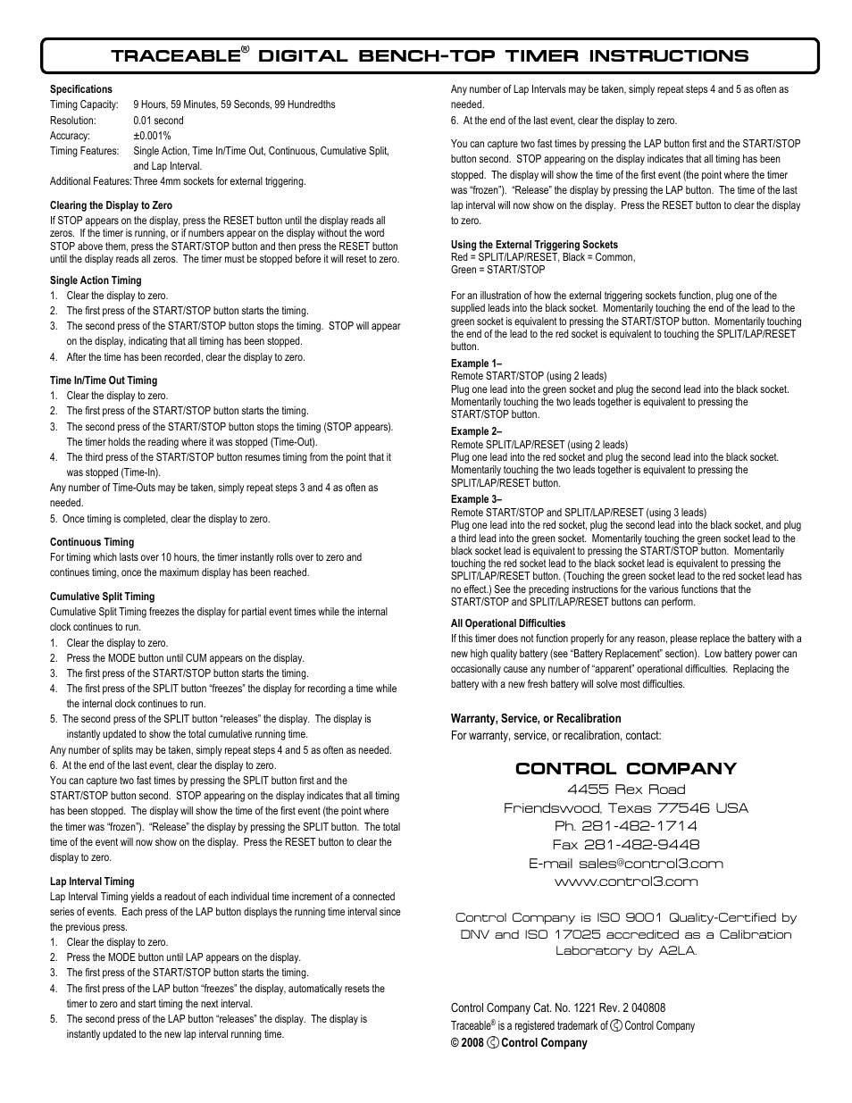 Nova-Tech 1221 TRACEABLE DIGITAL BENCH-TOP TIMER User Manual | 1 page