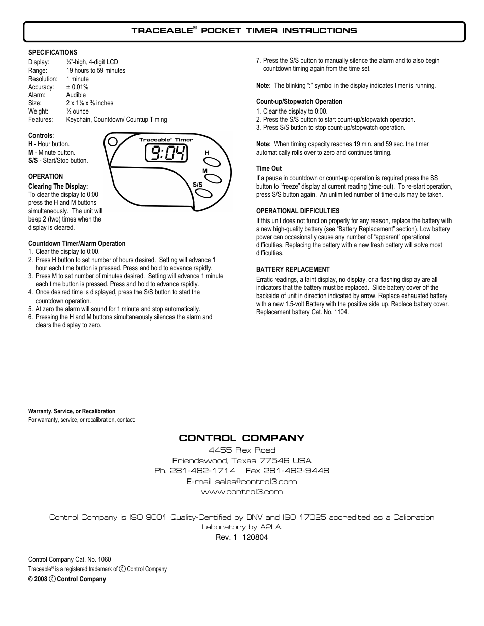 Control Company 1060 POCKET TIMER User Manual | 1 page