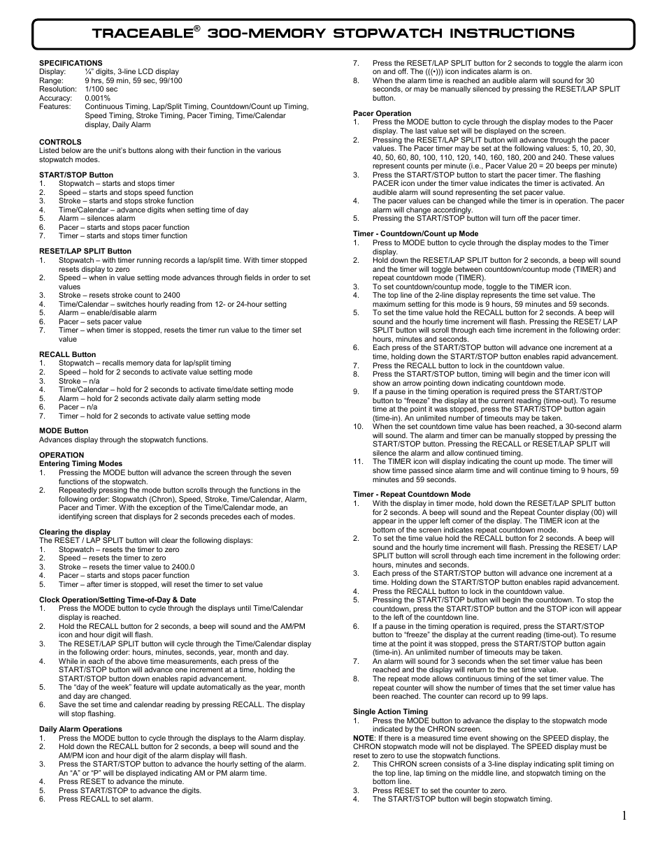 Control Company 1052 300-MEMORY STOPWATCH User Manual | 2 pages