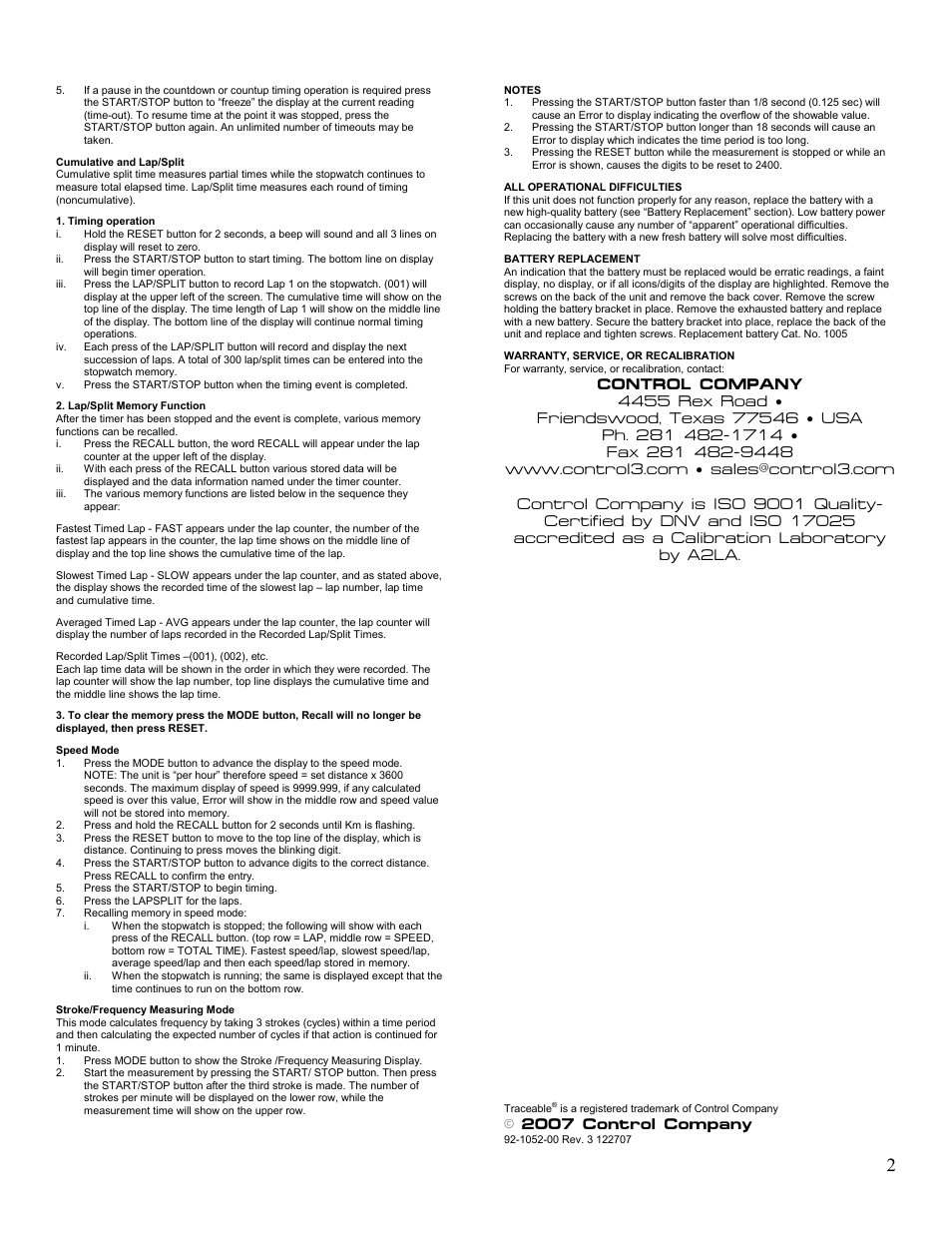 2007 control company | Control Company 1052 300-MEMORY STOPWATCH User Manual | Page 2 / 2