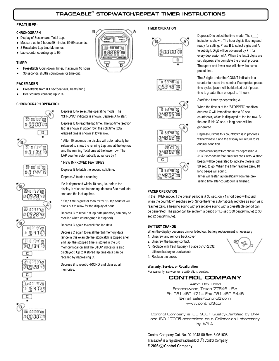 Control Company 1048 STOPWATCH/REPEAT TIMER User Manual | 1 page