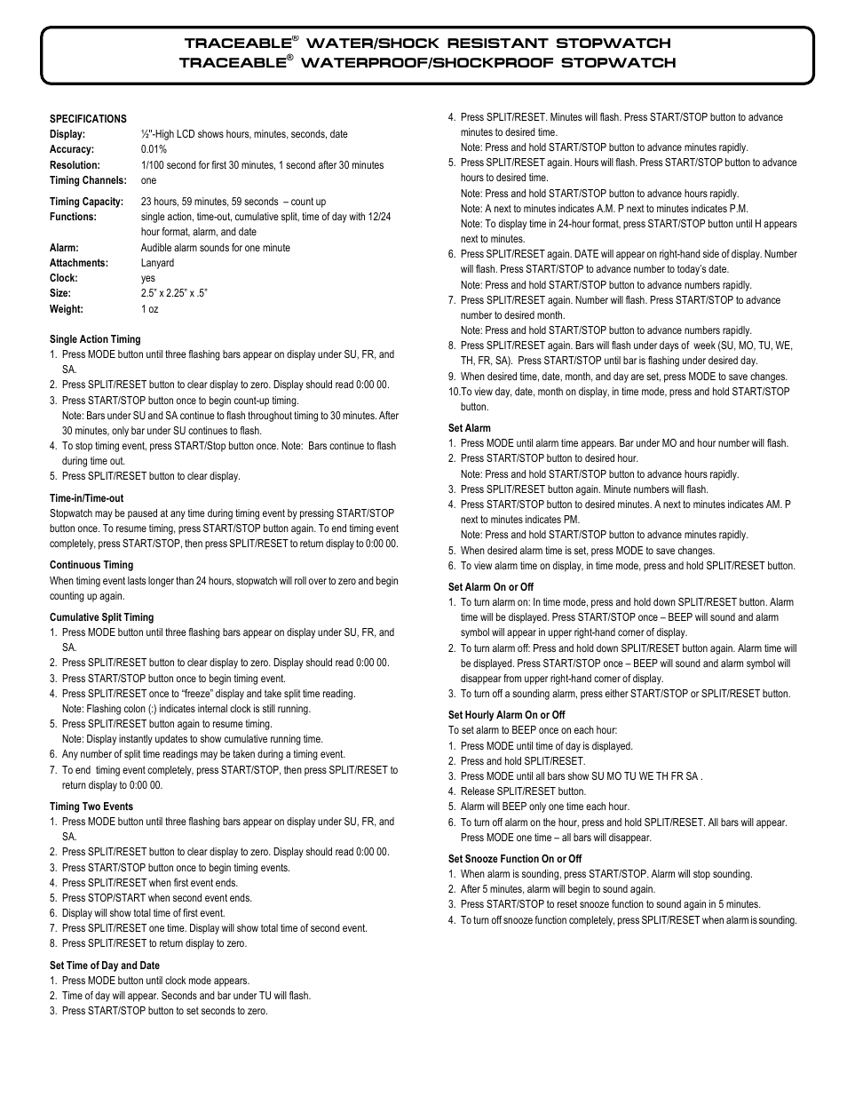 Control Company 1042 WATER/SHOCK RESISTANT STOPWATCH User Manual | 2 pages