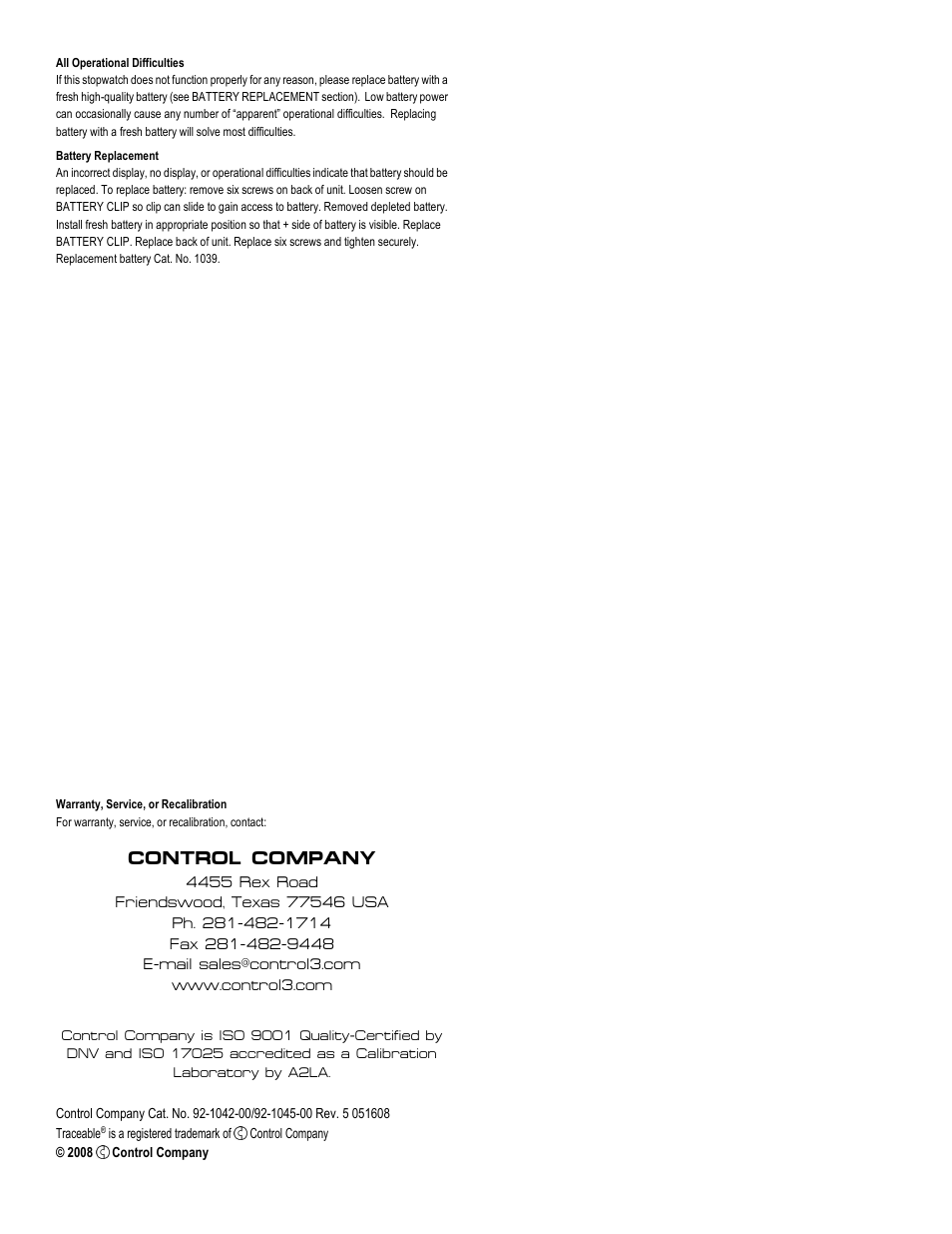 Control company | Control Company 1042 WATER/SHOCK RESISTANT STOPWATCH User Manual | Page 2 / 2