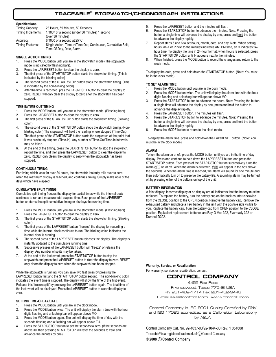 Control Company 1044 STOPWATCH/CHRONOGRAPH User Manual | 1 page