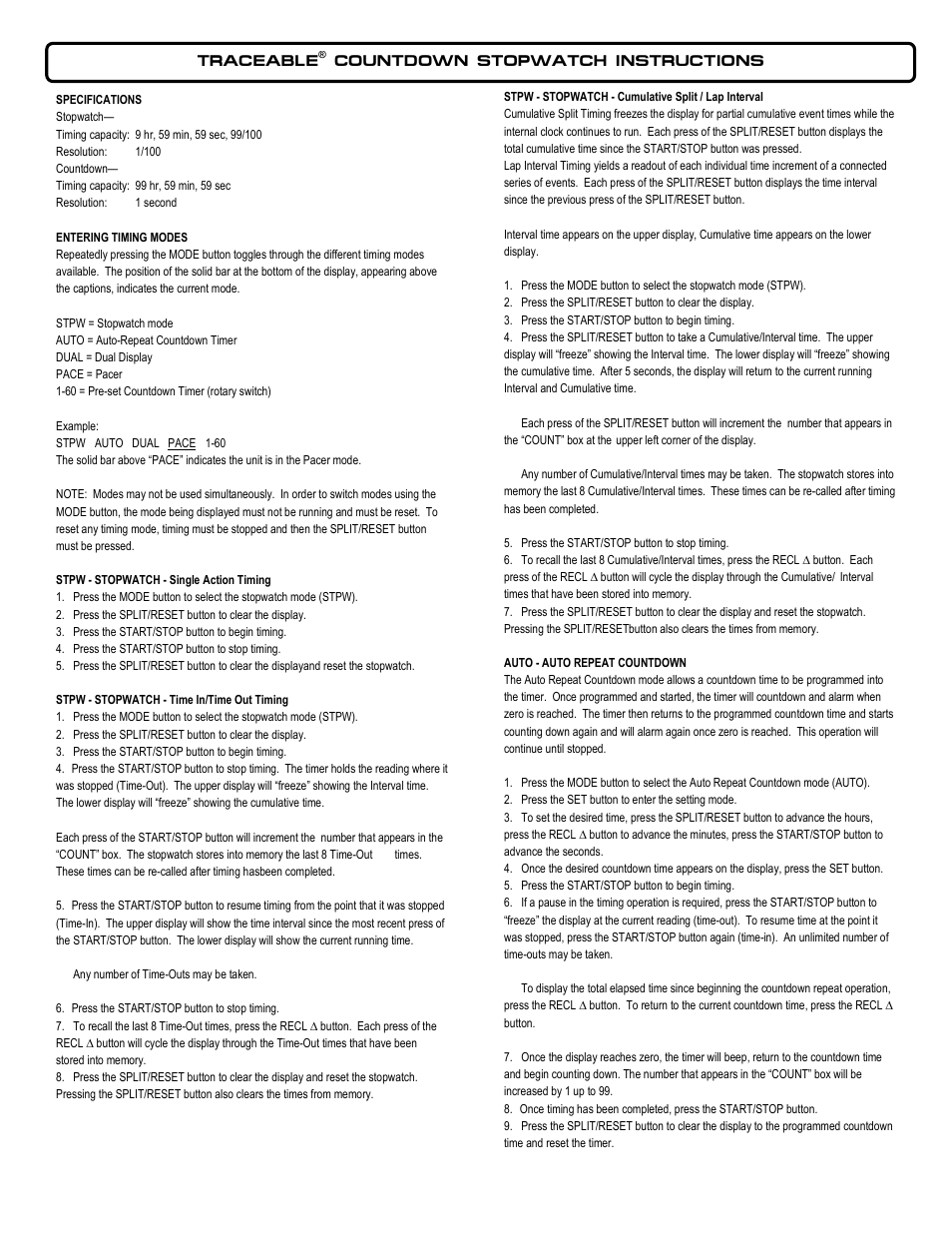 Control Company 1035 COUNTDOWN STOPWATCH User Manual | 3 pages