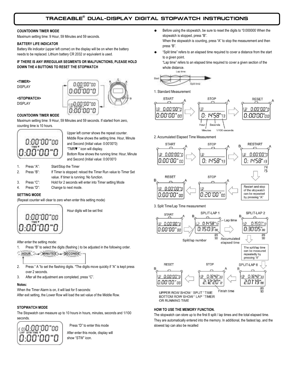 Control Company 1034 DUAL-DISPLAY DIGITAL STOPWATCH User Manual | 2 pages