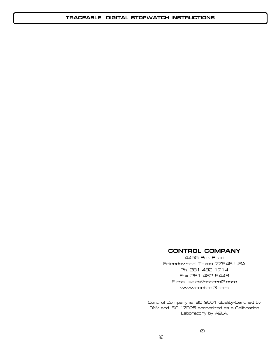 Control Company 1030 DIGITAL STOPWATCH User Manual | 1 page