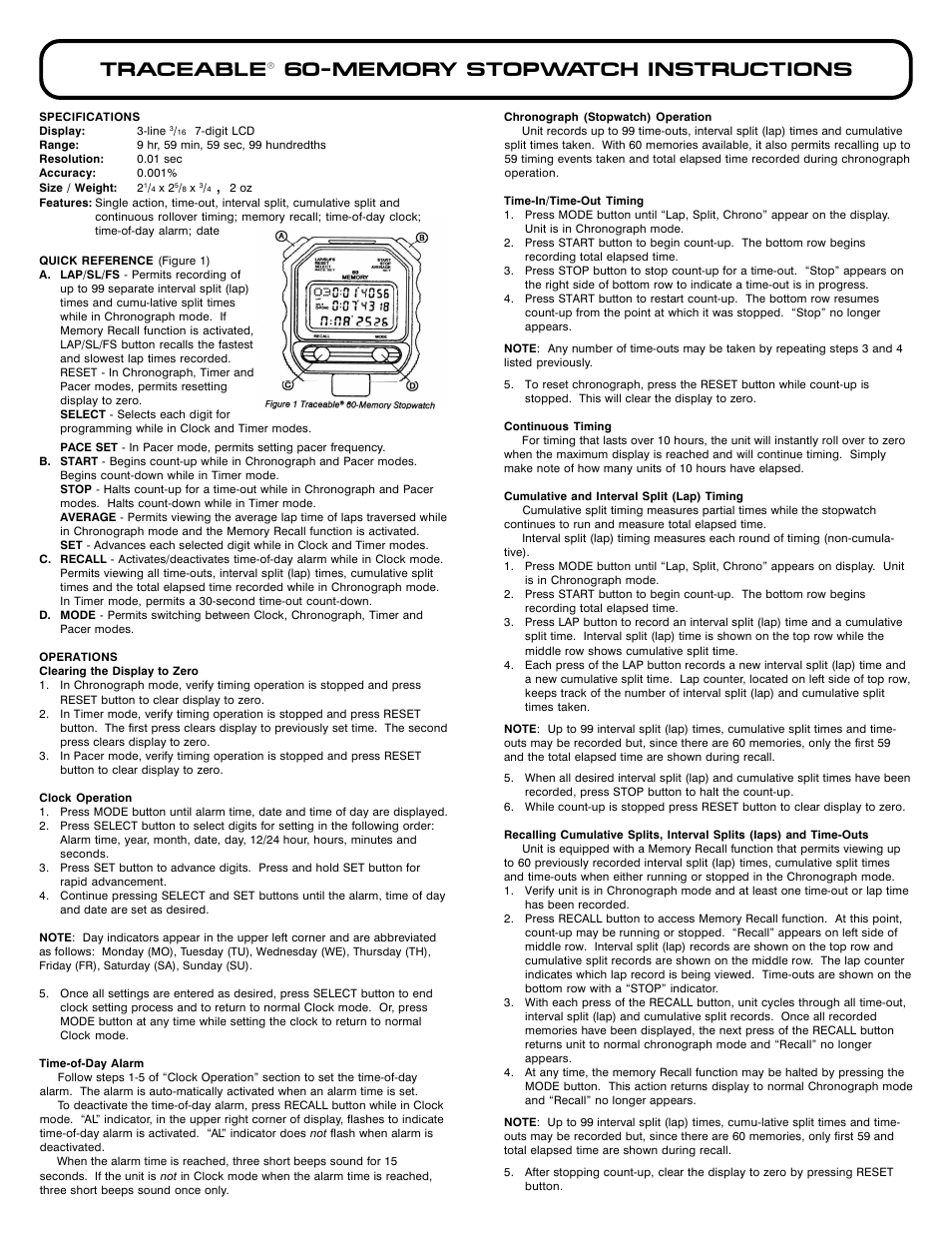 Control Company 1025 60-MEMORY STOPWATCH User Manual | 2 pages