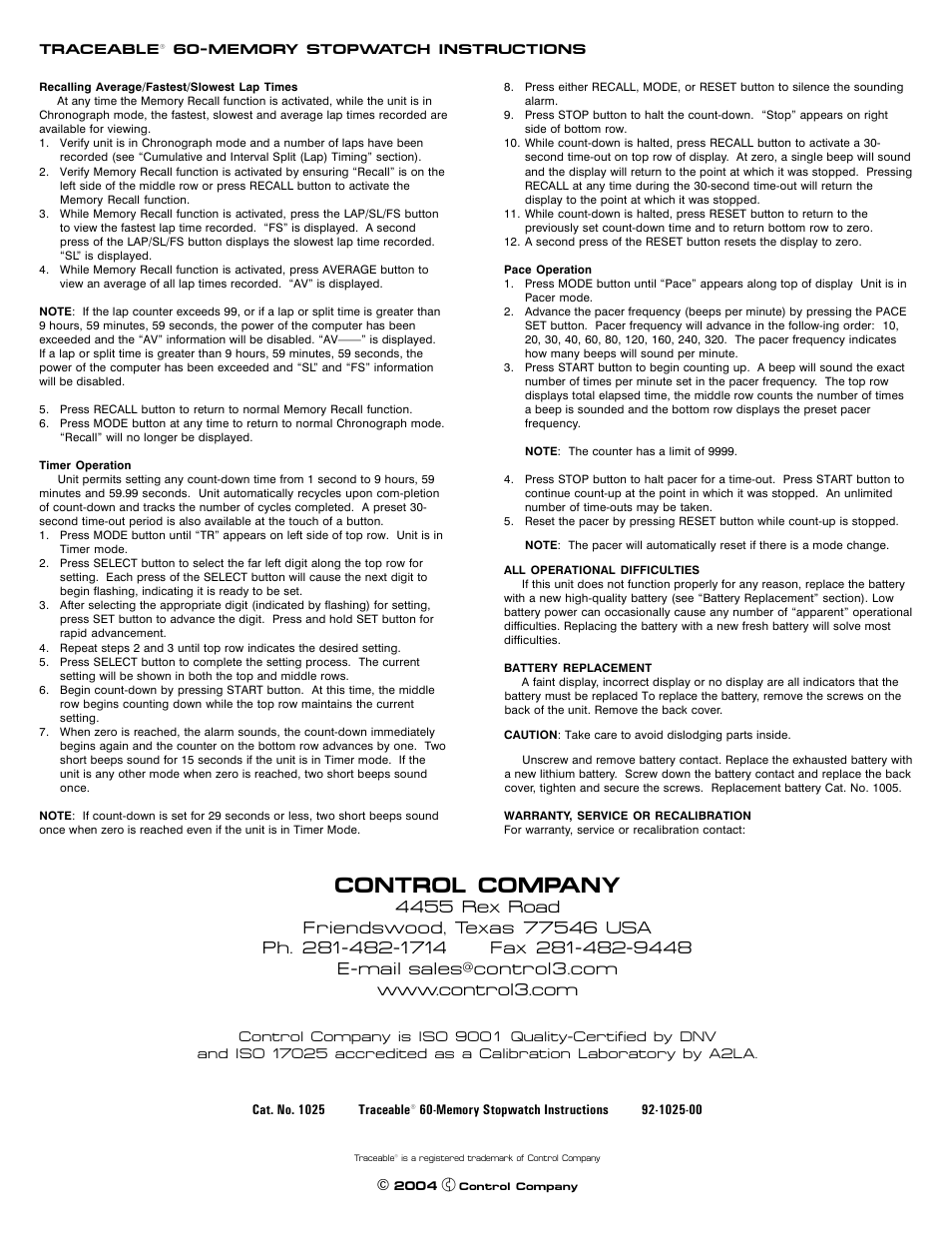 Control company | Control Company 1025 60-MEMORY STOPWATCH User Manual | Page 2 / 2