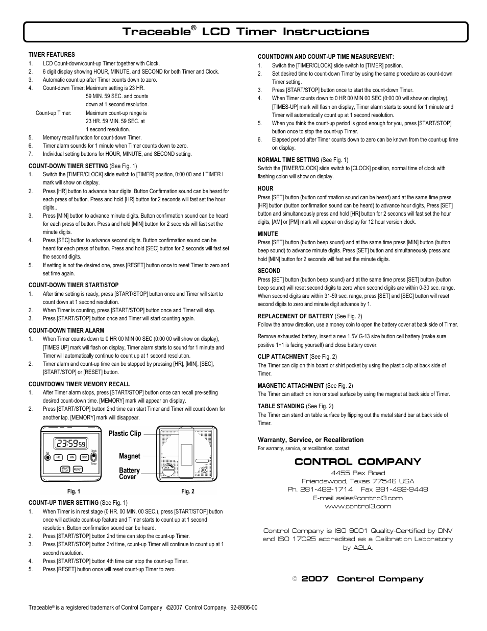 Control Company 8906 LCD TIMER User Manual | 1 page